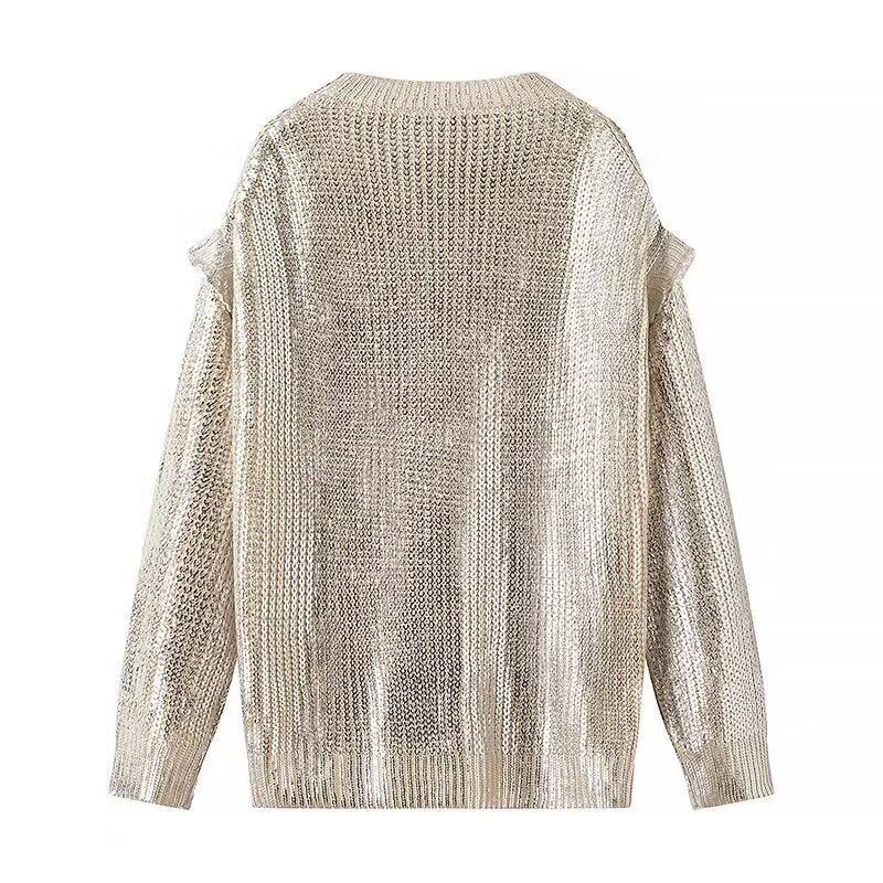 Damen Oversized Strickpullover mit Cut-Out-Schultern und Metallic-Glanz Echo Archiv