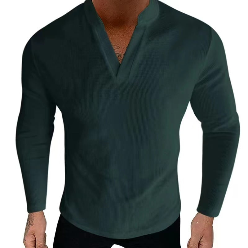 Herren Langarm-Henley-Shirt aus strukturiertem Baumwollstoff mit modernem V-Ausschnitt Echoarchiv