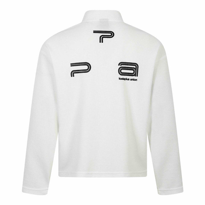 Unisex Thermo‑Waffel-Halbzip mit Stehkragen und Allover-Logoprint Echoarchiv