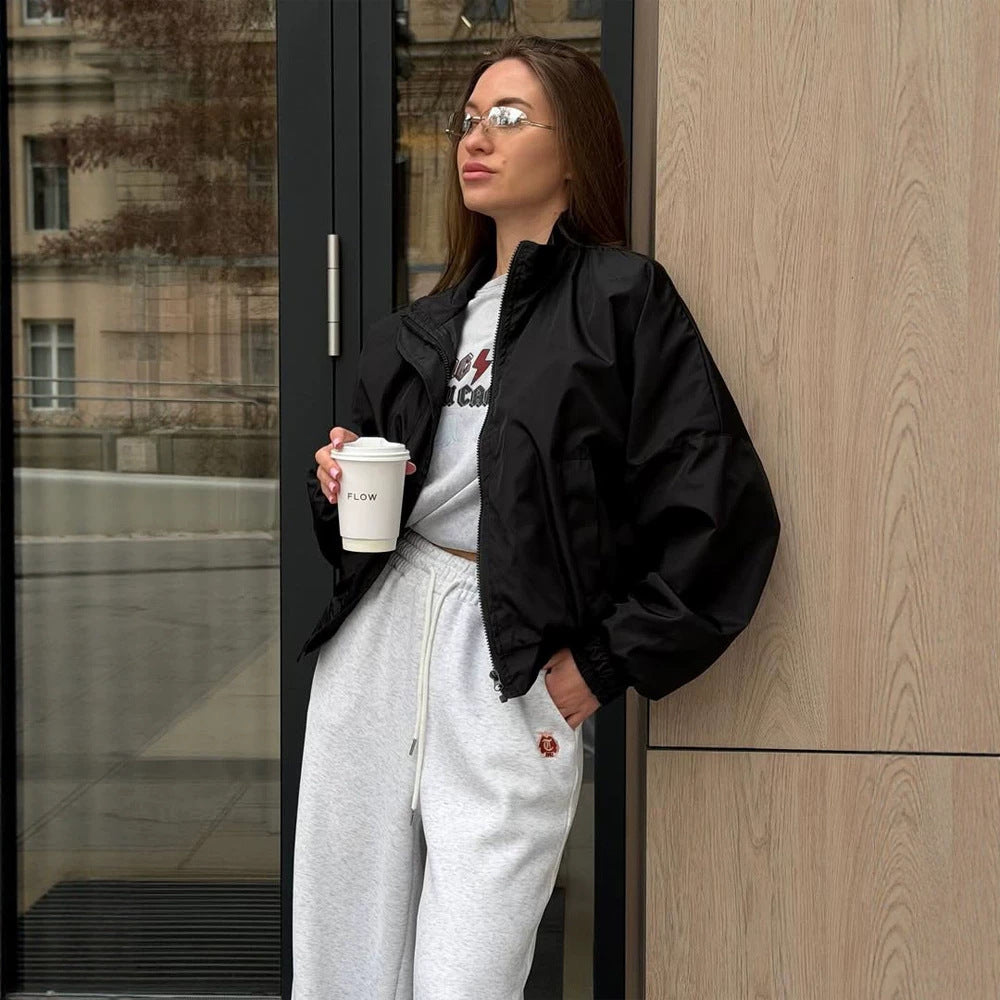 Damen Oversize Cropped Bomberjacke mit Stehkragen und Reißverschluss Echoarchiv
