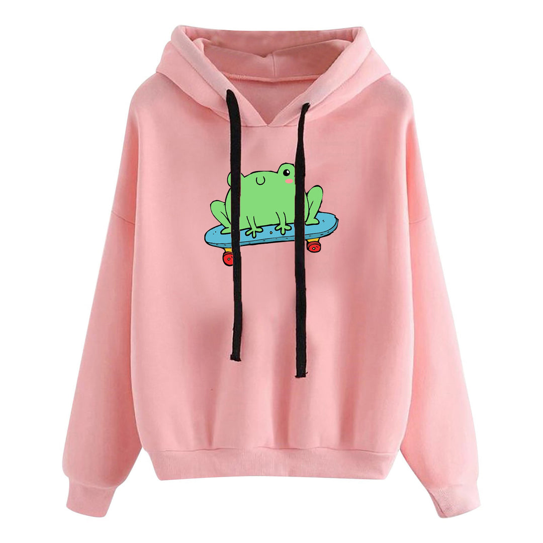 Damen kurz geschnittener Cropped-Kapuzenpullover mit niedlicher Frosch-Illustration und verstellbarer Kapuze – Auréline