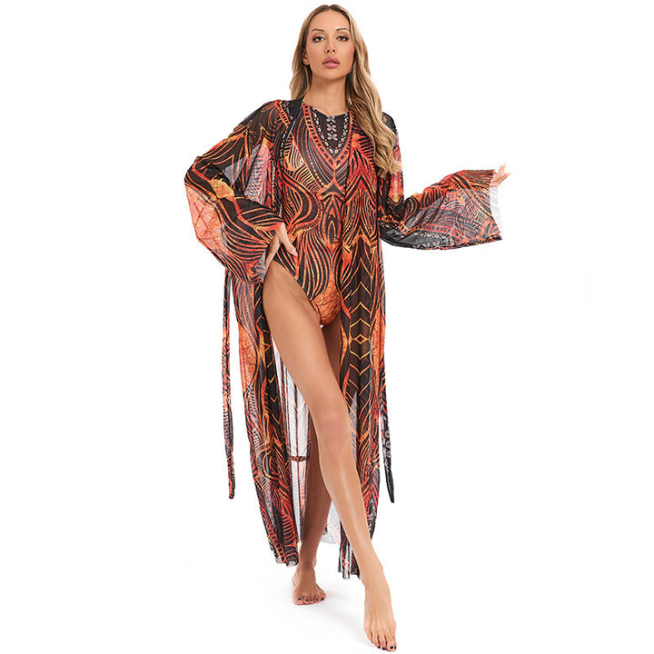 Damen eleganter transparenter Strandkimono mit floralem Design Echo Archiv