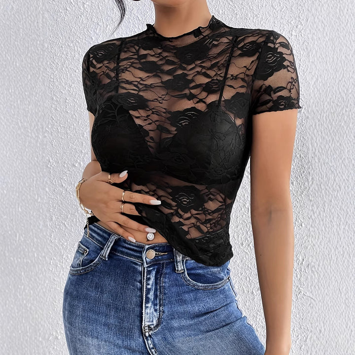 Damen nan kurzes Spitzenoberteil mit floraler Ajour-Spitze, Stehkragen und eingearbeitetem Bustier Echo Archiv