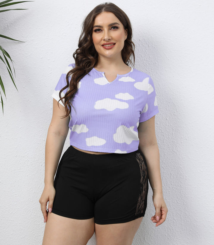 Damen cropped T-Shirt mit Wolkenmuster und elastischem Bund Echo Archiv