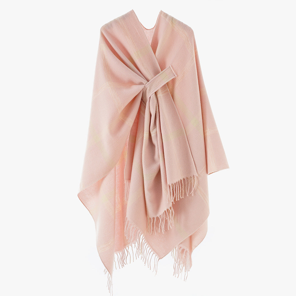 Damen Oversize-Capeponcho aus Wollmix mit Bindegürtel, Fransen und großem Karomuster Echo Archiv