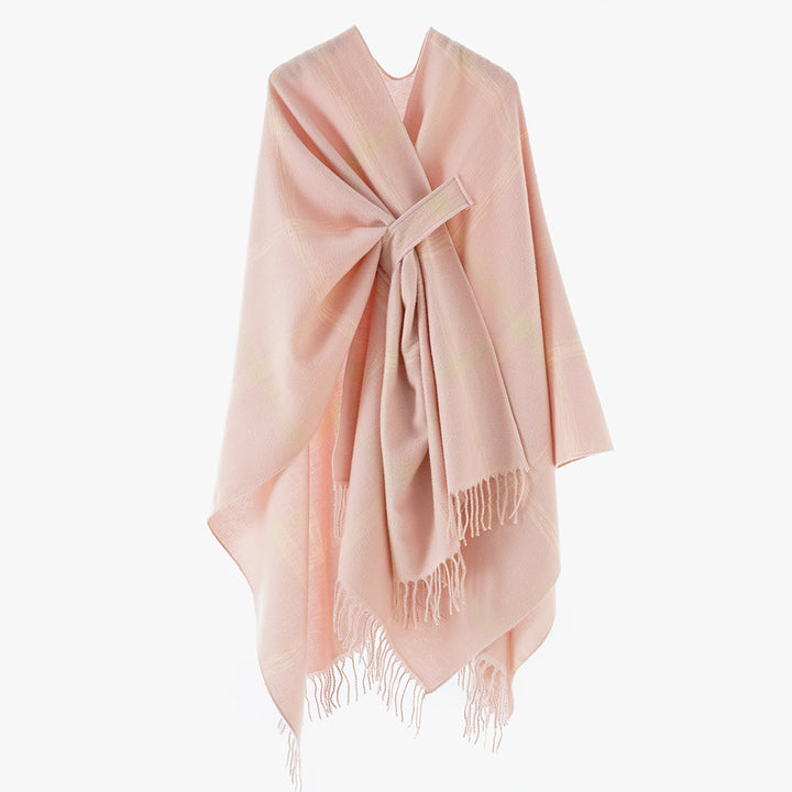 Damen Oversize-Capeponcho aus Wollmix mit Bindegürtel, Fransen und großem Karomuster Echo Archiv