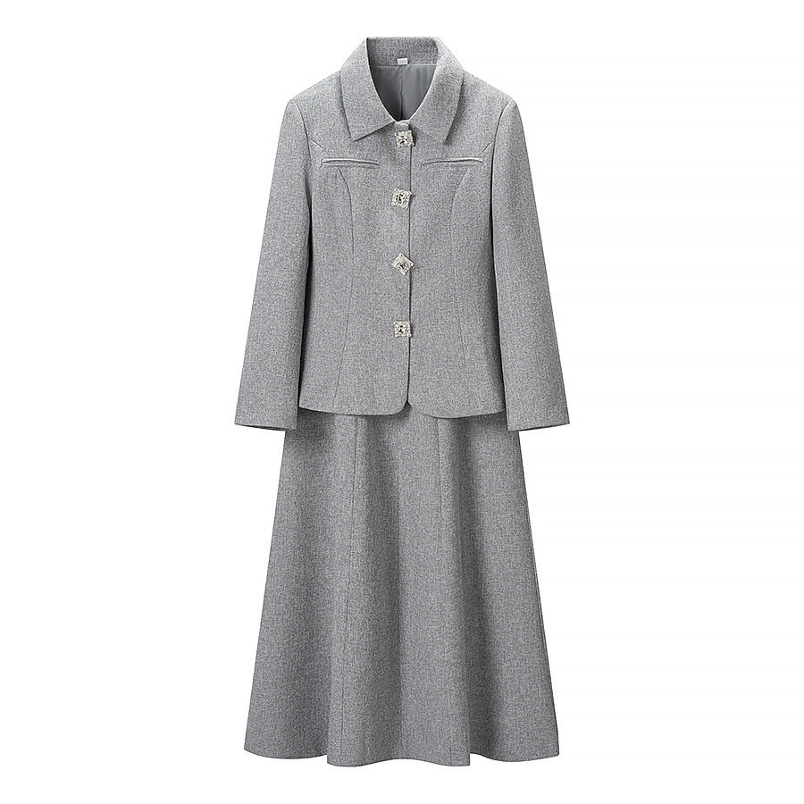Damen Elegantes zweiteiliges Wollmisch-Kostüm mit tailliertem Kurzblazer und ausgestelltem Midirock Echo Archiv
