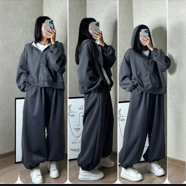 Damen übergroße Kapuzenjacke mit Reißverschluss und weite Jogginghose Lounge Set – Auréline