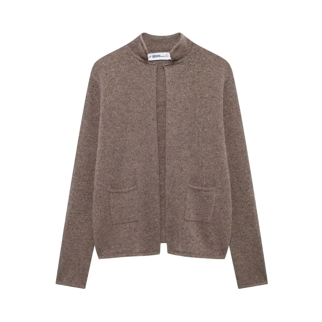 Damen offener Strickcardigan mit Stehkragen und aufgesetzten Taschen – Veloura
