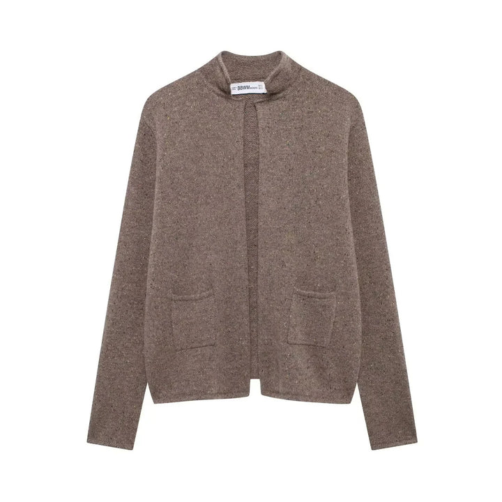 Damen offener Strickcardigan mit Stehkragen und aufgesetzten Taschen – Veloura