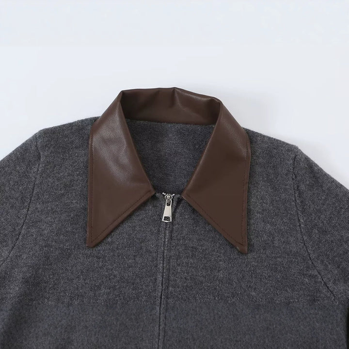 Damen Kurzer Wollmix-Cardigan mit Reißverschluss und kontrastierendem Kunstlederkragen Echoarchiv