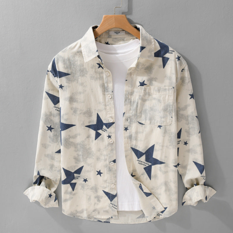 Herren Lockeres Baumwoll-Blend Overshirt mit Stern-Print und Brusttasche Echoarchiv