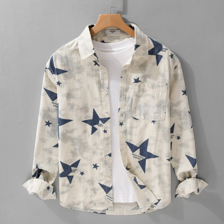 Herren Lockeres Baumwoll-Blend Overshirt mit Stern-Print und Brusttasche Echoarchiv