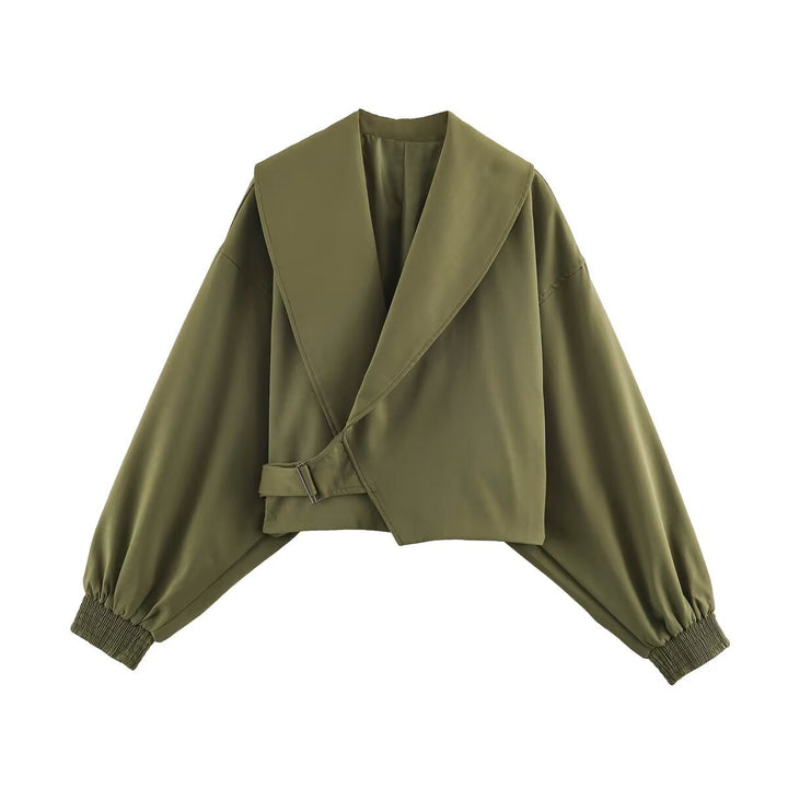 Damen Kurz geschnittene Wickeljacke mit großem Schalkragen, Taillenriegel und Ballonärmeln Echoarchiv
