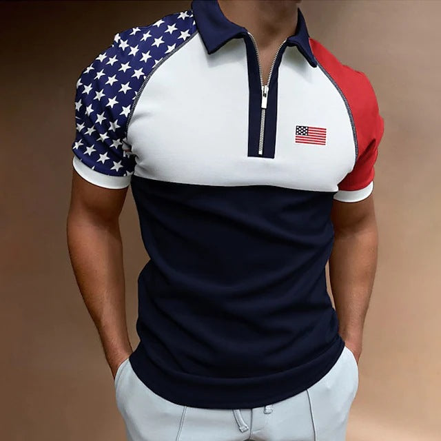 Herren Zip-Up Performance Polo-Shirt mit amerikanischer Flaggen-Applikation Echoarchiv