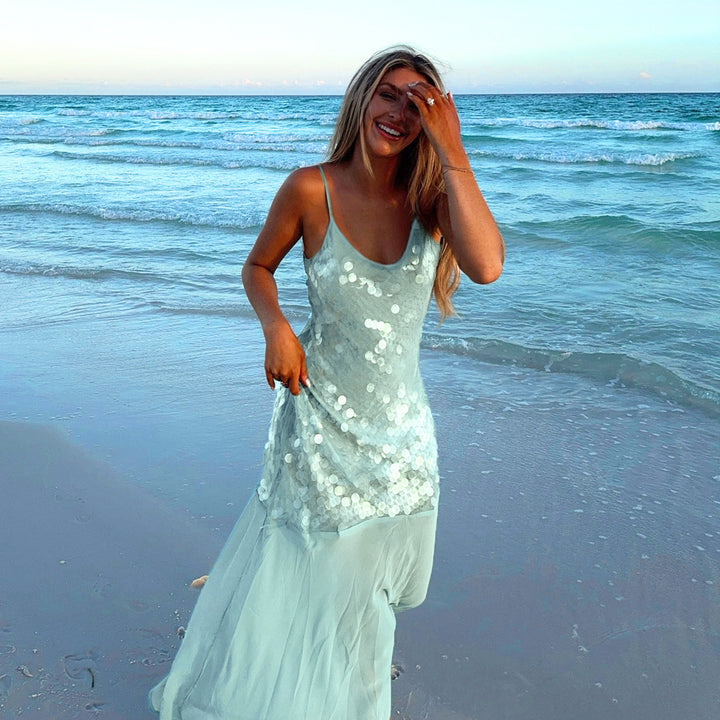 Damen schimmerndes ärmelloses Maxikleid mit funkelnden Pailletten Echo Archiv