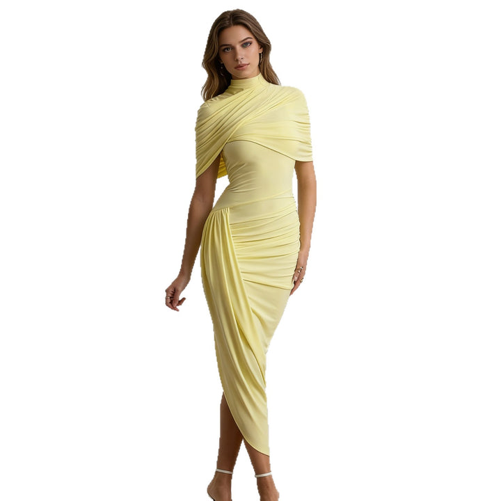 Damen Elegantes Drapiertes Maxikleid mit hohem Kragen und seitlichem Schlitz Echo Archiv