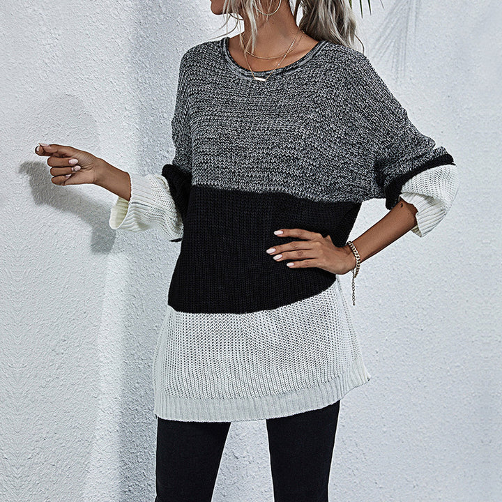 Damen Longline-Grobstrickpullover mit Farbbalken, Rundhalsausschnitt und leicht überschnittener Schulter Echoarchiv
