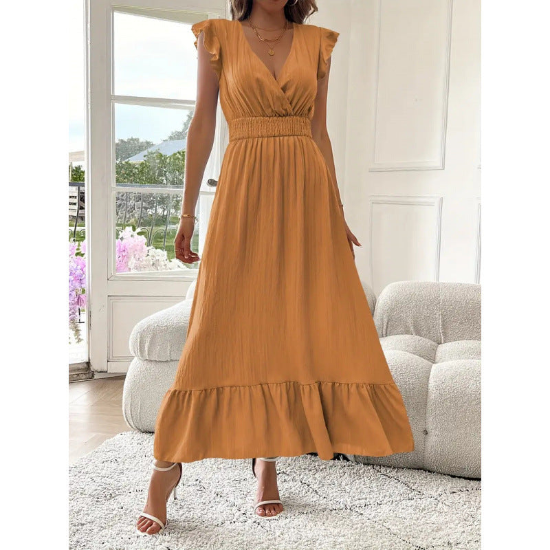Damen Maxikleid mit voluminösen Rüschenärmel und elegantem Bund – Valéora