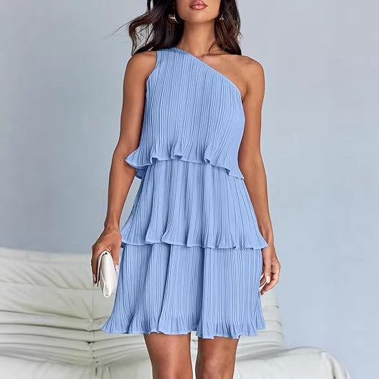 Damen Ärmelloses plissiertes Stufenkleid mit asymmetrischer Schulterpartie Echo Archiv