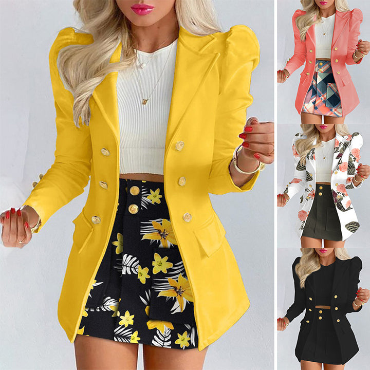 Damen Zweiteiliges karriertes Blazer- und Minirock-Set mit betonten Puffärmeln und goldenen Knöpfen – Valéne