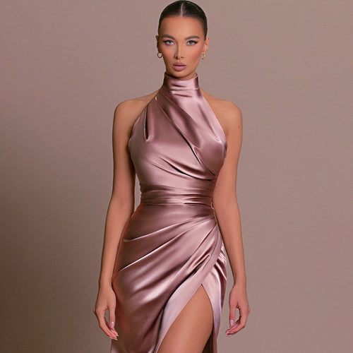 Damen glamouröses Abendkleid mit hohem Schlitz und eleganter Wickeloptik Echo Archiv