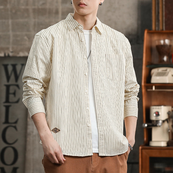 Herren Vertikalgestreiftes Relaxed-Fit Hemdjacken-Overshirt aus leichtem Baumwollmix Echoarchiv