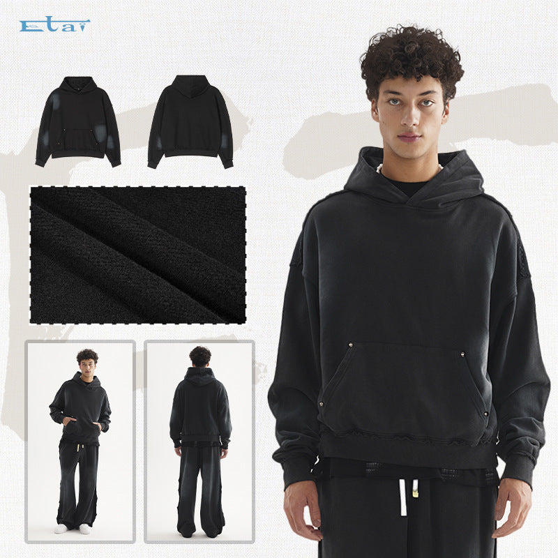 Unisex Oversized Kapuzenpullover mit ausgefranstem Saum, Kängurutasche und verwaschenem Bleicheffekt Echo Archiv