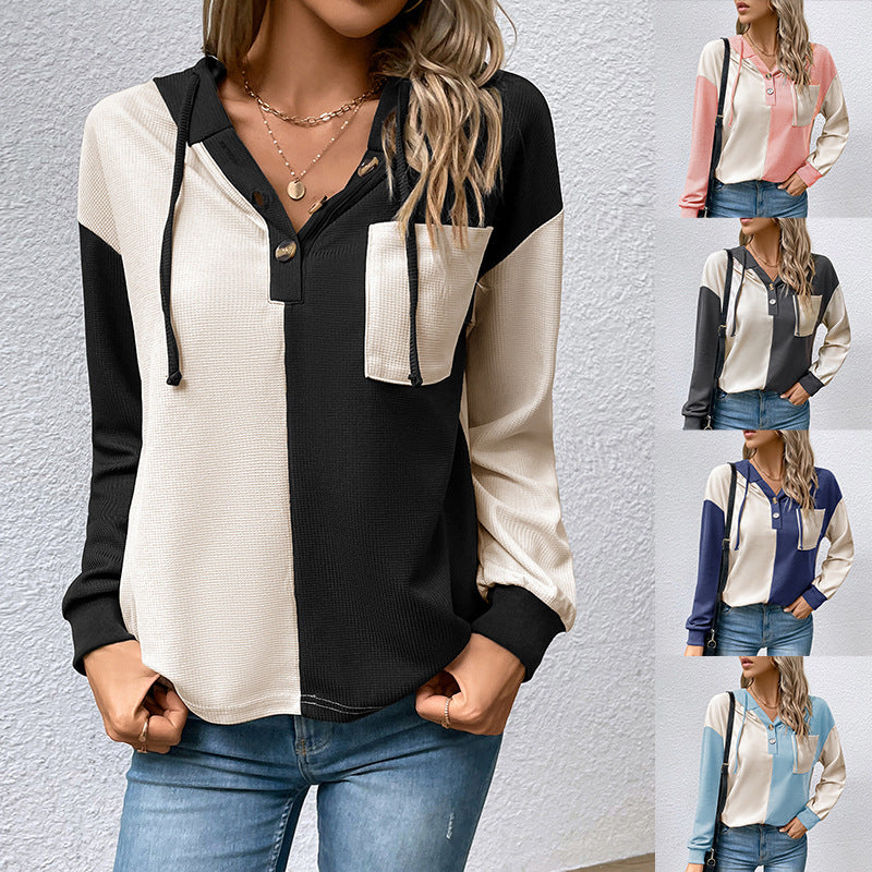Damen Lässiges Colorblock-Hoodie-Henley mit Waffelstruktur und Brusttasche Echoarchiv
