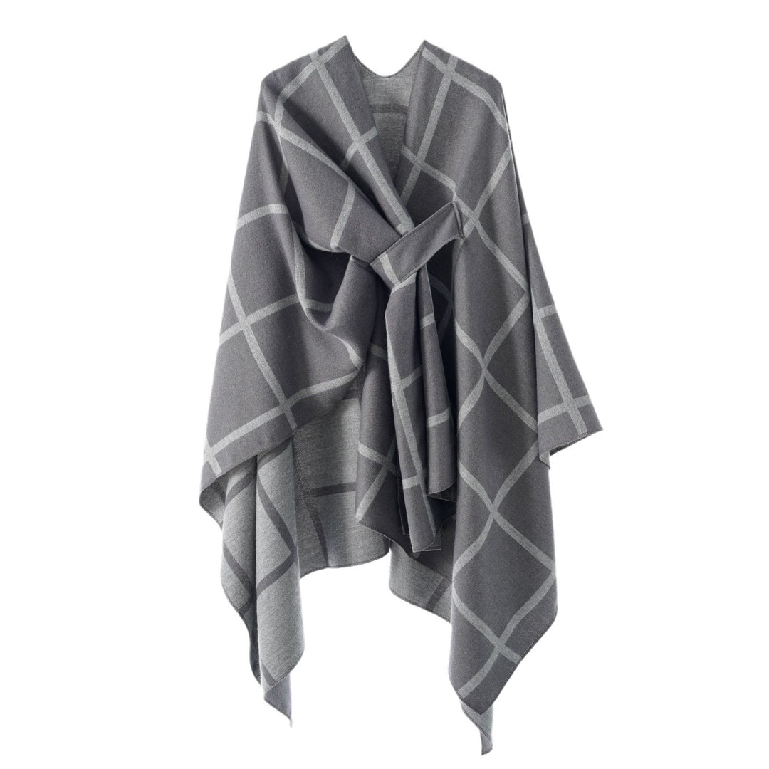 Damen Oversize Wollmix Poncho mit Gürtel und Karomuster Echo Archiv