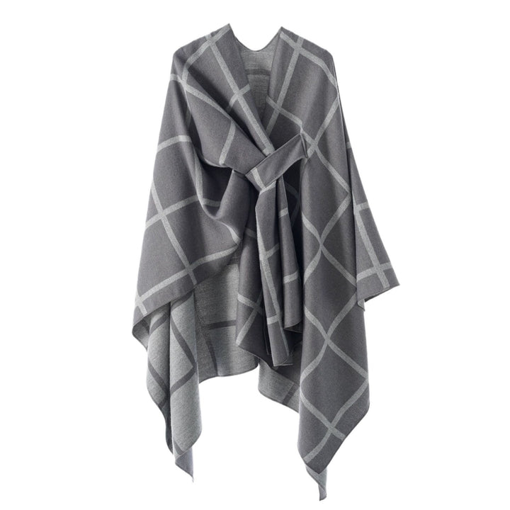 Damen Oversize Wollmix Poncho mit Gürtel und Karomuster Echo Archiv
