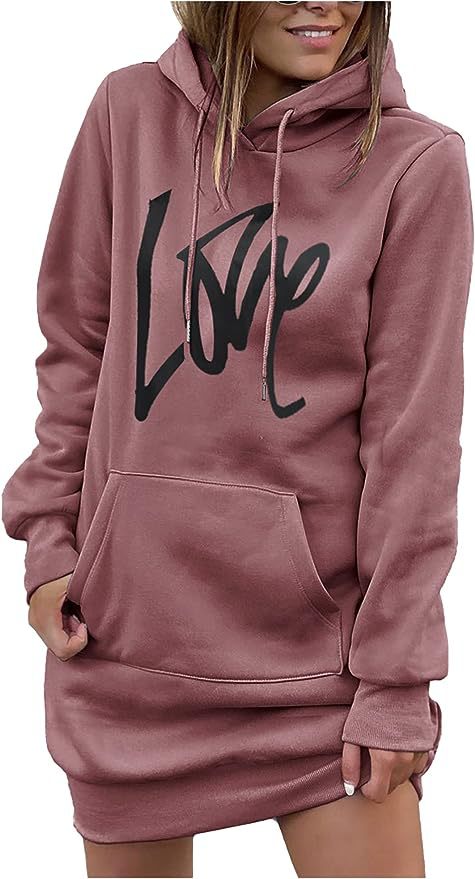 Damen Fleece-Kapuzenkleid mit Kängurutasche, Daumenlochärmeln und Oversize-Sweatshirt-Schnitt Echoarchiv