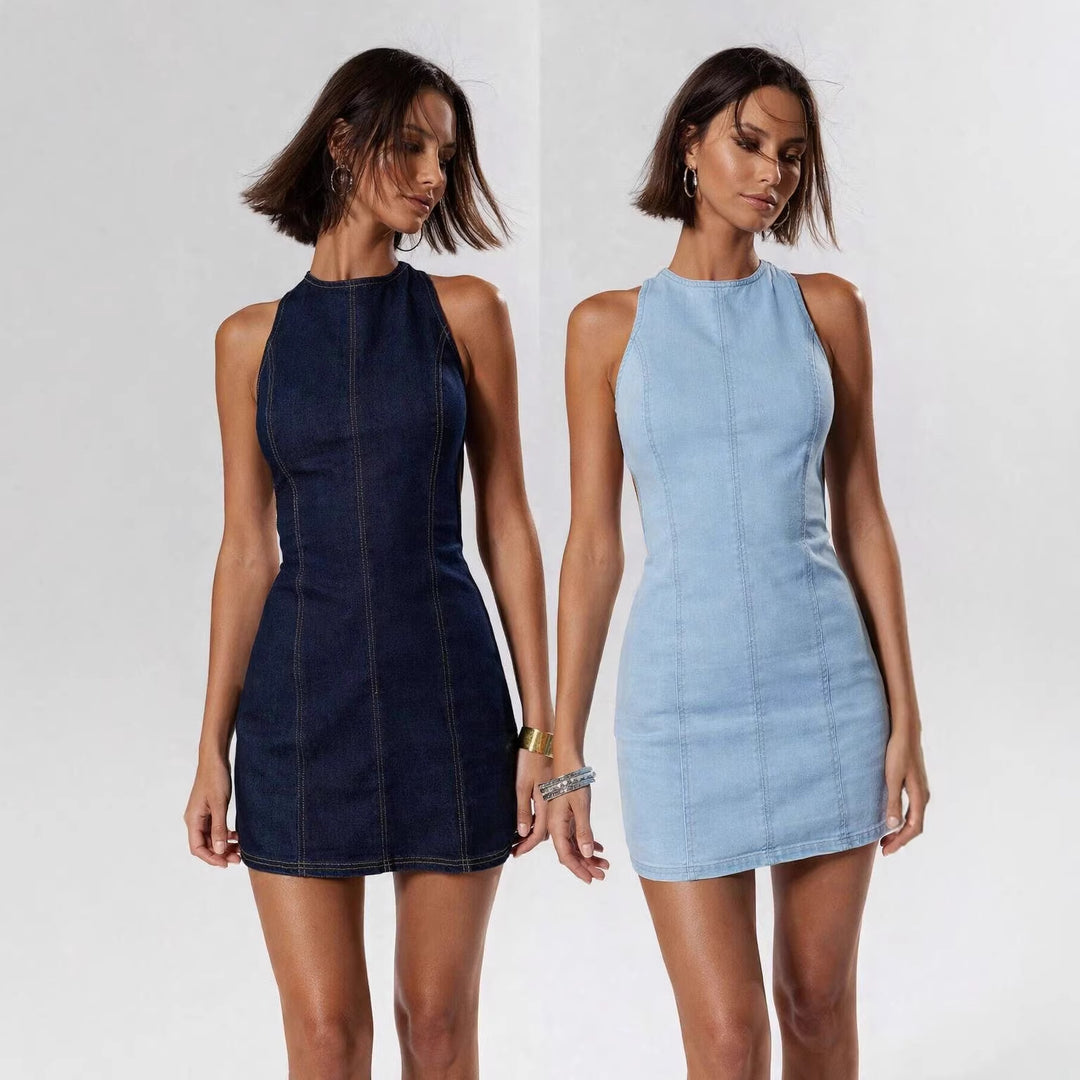 Damen figurbetontes Denim-Kleid mit Seitenschlitzen und hohem Kragen Echo Archiv