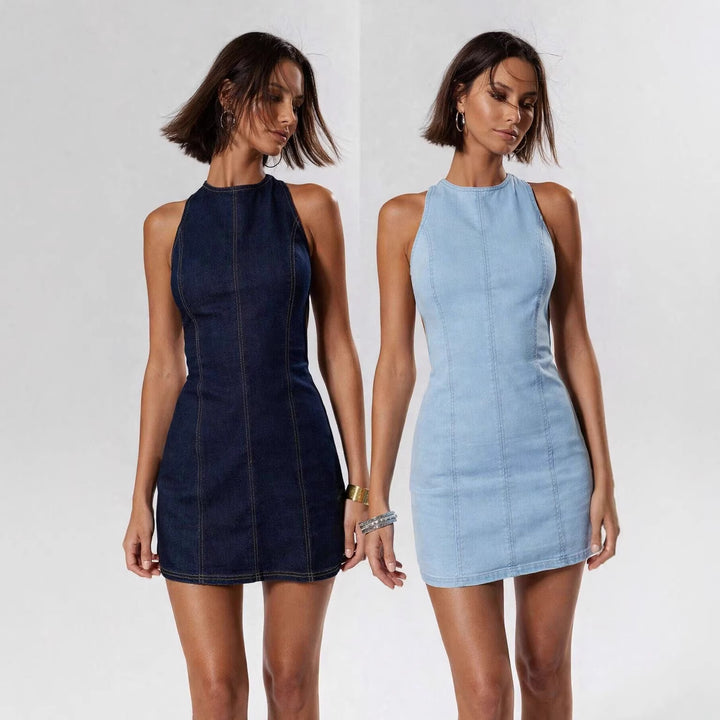 Damen figurbetontes Denim-Kleid mit Seitenschlitzen und hohem Kragen Echo Archiv