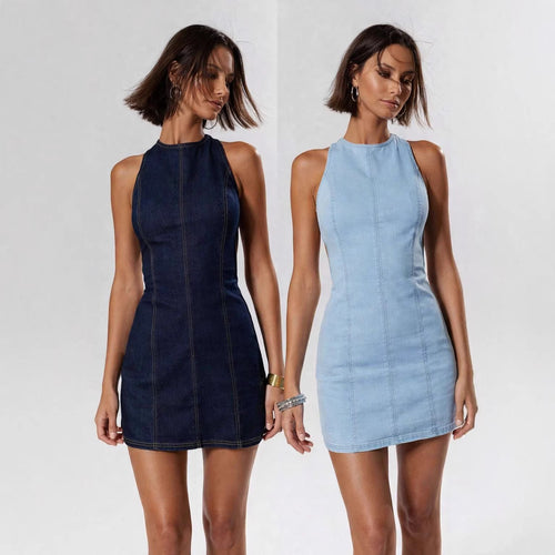 Damen figurbetontes Denim-Kleid mit Seitenschlitzen und hohem Kragen Echo Archiv