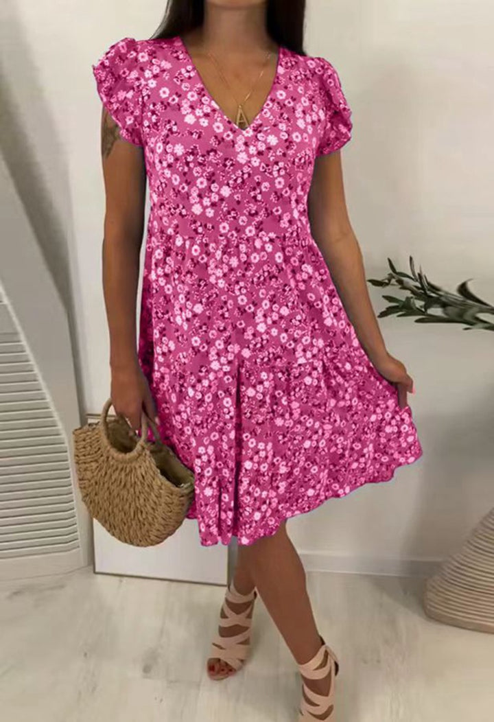 Damen nan V-Ausschnitt-Stufenkleid mit Puffärmeln und taillierter Unterbrustnaht Echo Archiv