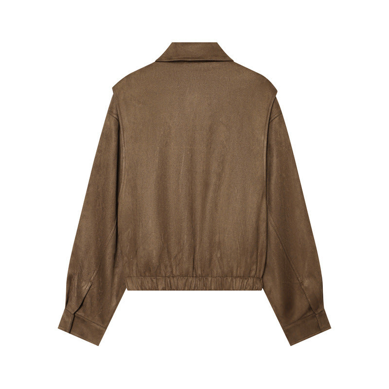 Damen kastige vegane Lederblousonjacke mit Hemdkragen, verdeckter Frontleiste und elastischem Saum – Célinea