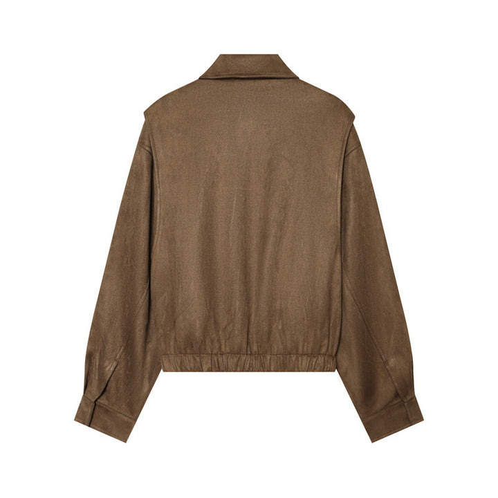 Damen kastige vegane Lederblousonjacke mit Hemdkragen, verdeckter Frontleiste und elastischem Saum – Célinea