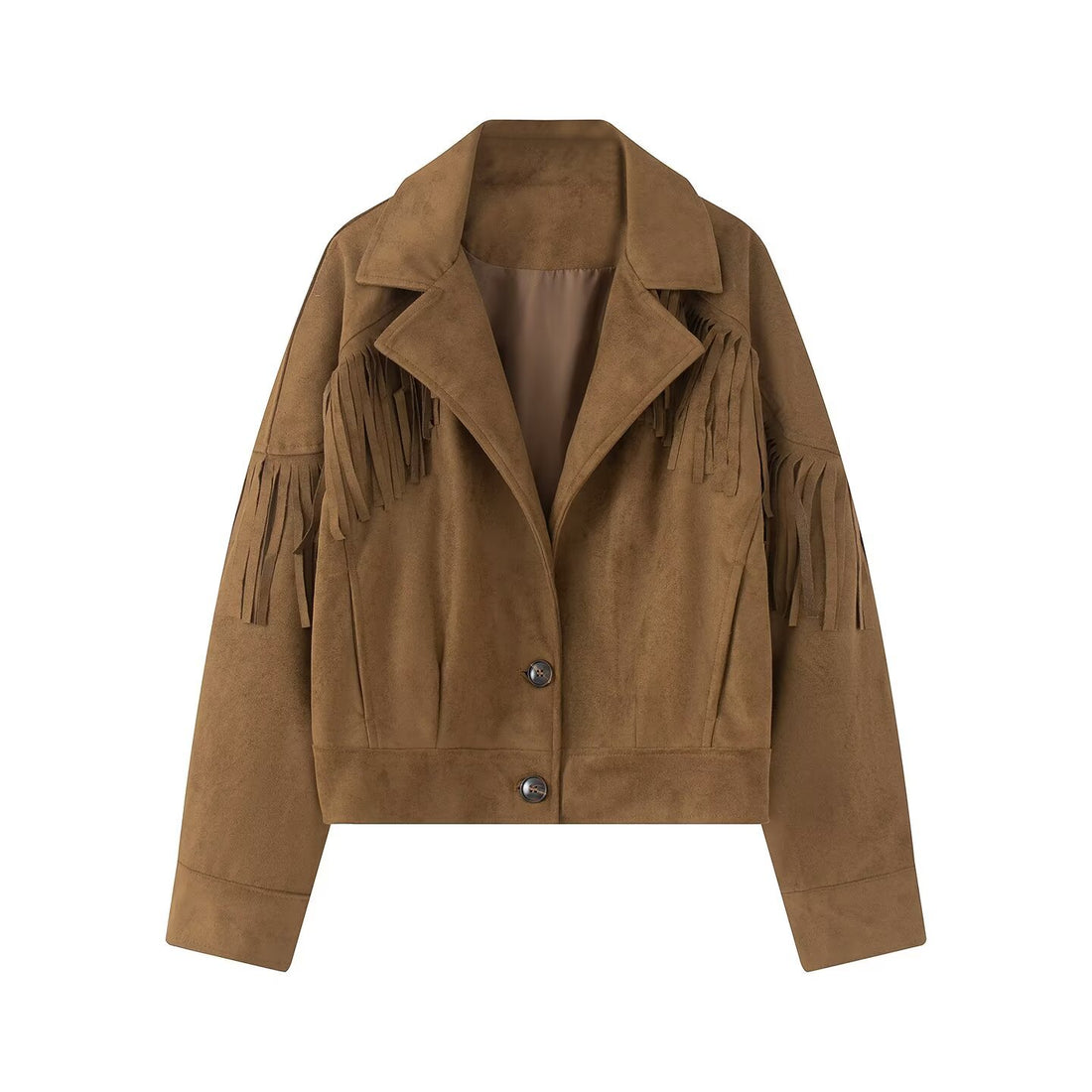 Damen Kurzjacke im Wildleder‑Look mit Fransenbesatz und Hemdkragen Echoarchiv