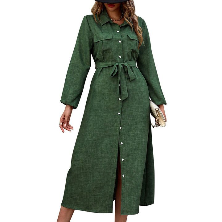Damen Langärmeliges Hemdblusenkleid im Leinenlook mit Taillenbinder und Frontschlitz – Élara