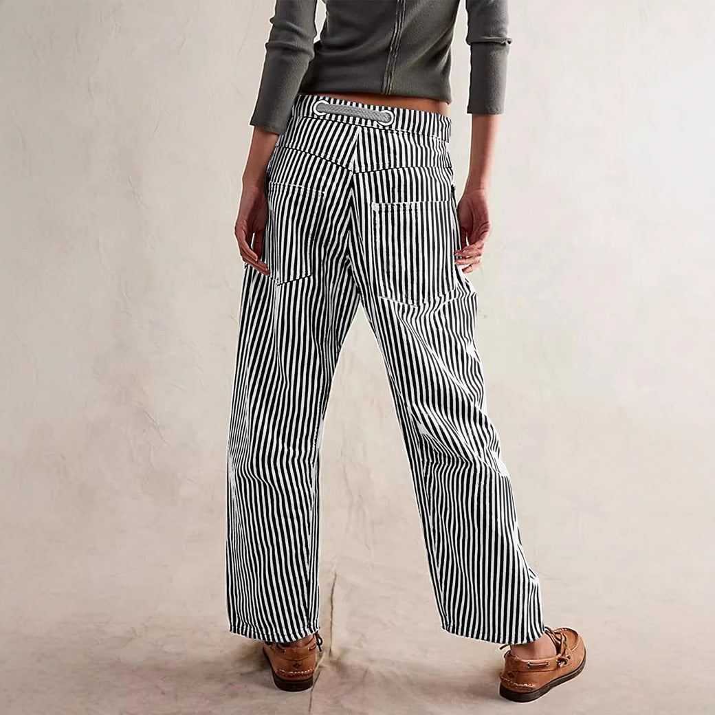 Damen nan lässige gestreifte Leinenhose mit Kordelzug und aufgesetzten Taschen Echo Archiv