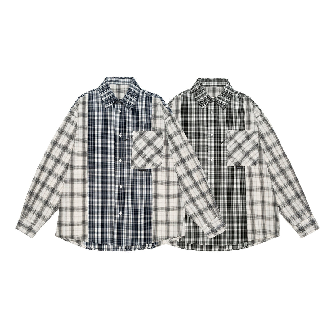 Unisex Oversized Hemdjacke mit Patchwork-Karomuster und abgerundetem Saum Echoarchiv