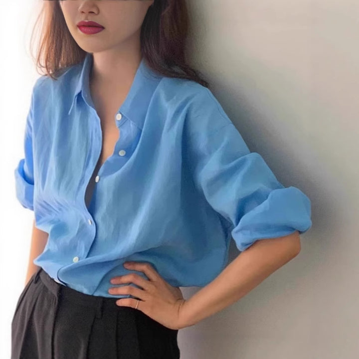 Damen Locker geschnittene Leinen‑Hemdbluse mit kastiger Silhouette und abgerundetem Saum – Élovi