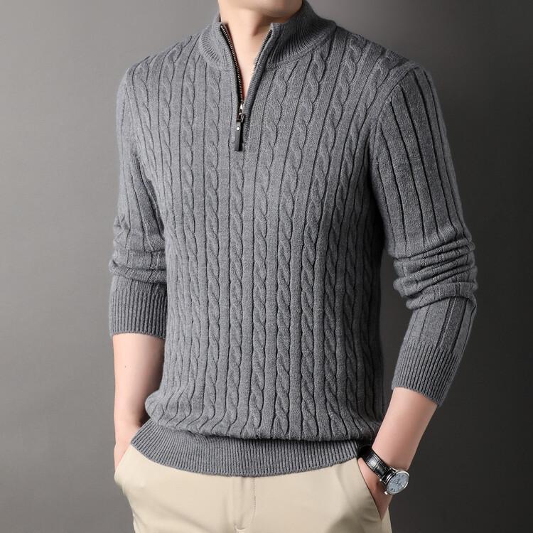 Herren eleganter Strickpullover mit halbem Reißverschluss und Kabelmuster Echoarchiv