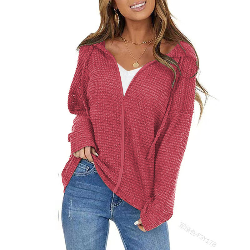 Damen Oversize Waffelstrick-Kapuzenpullover mit Reißverschluss Echoarchiv
