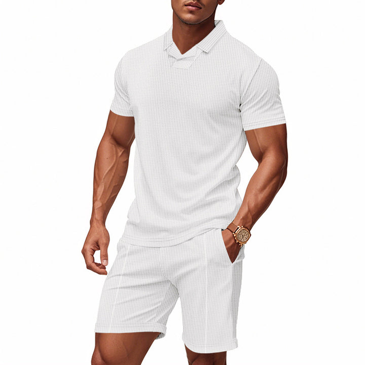 Herren nan lässiges Waffelstruktur-Freizeitset mit Reverskragen-Kurzarmshirt und elastischen Freizeitshorts Echo Archiv