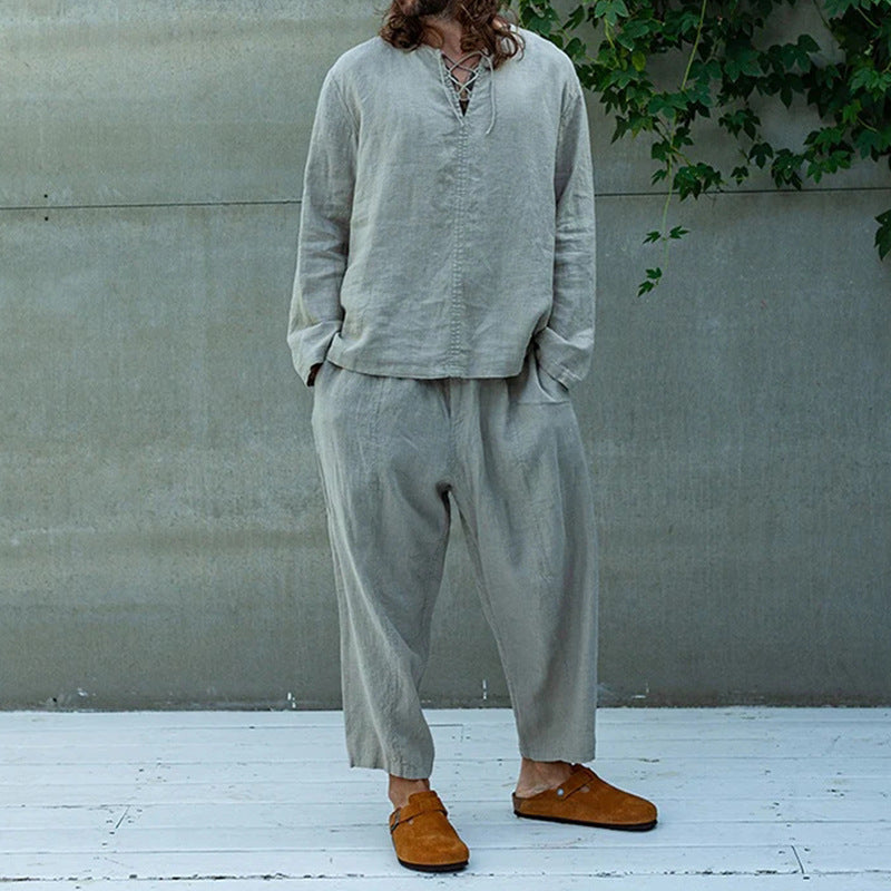 Herren Lockeres Leinen‑Look Freizeitset mit Schnürkragen und weiten Haremshosen Echoarchiv