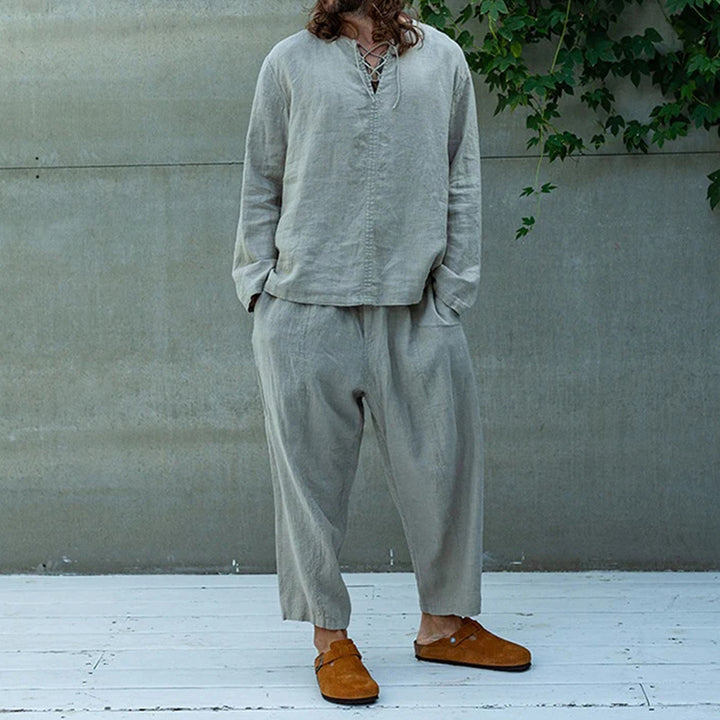 Herren Lockeres Leinen‑Look Freizeitset mit Schnürkragen und weiten Haremshosen Echoarchiv