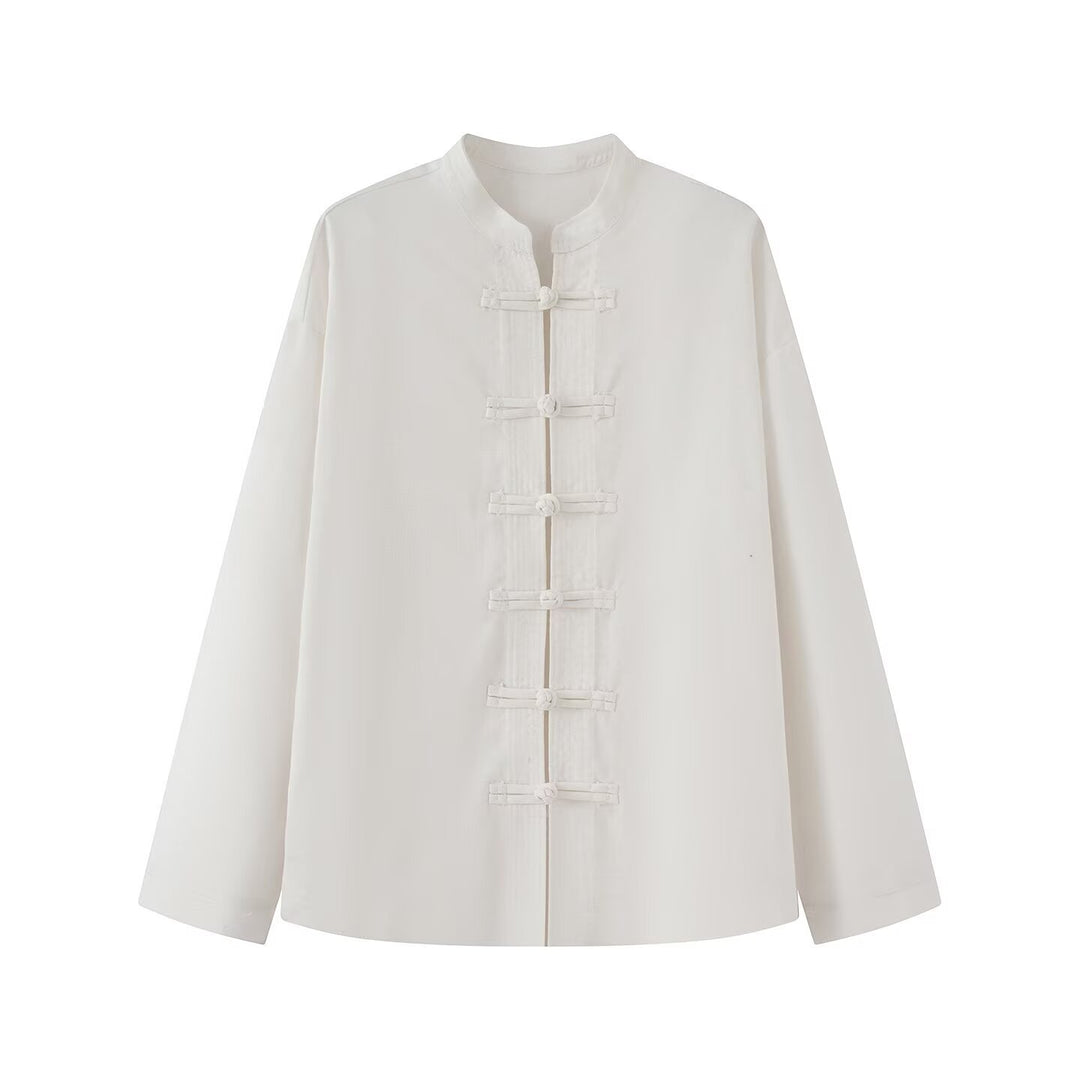 Damen Lockerer Leinen‑Mix Blouson mit Stehkragen und Knotenverschlüssen Echo Archiv