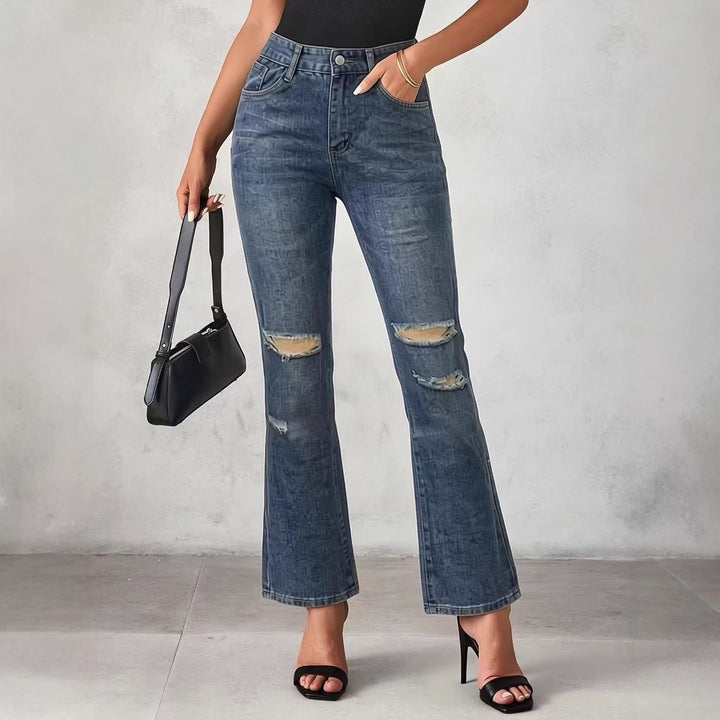 Damen nan High‑Waist Schlagjeans mit Distressed-Kniepartie und strukturierter Denim-Optik Echo Archiv